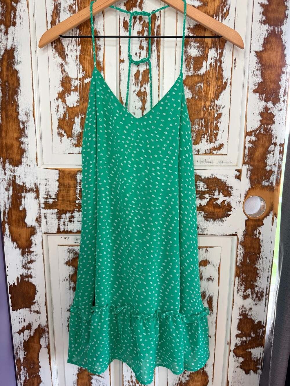 New In Green White Polka Dot Braided Strap Ruffle Hem Mini Dress Size S Coastal